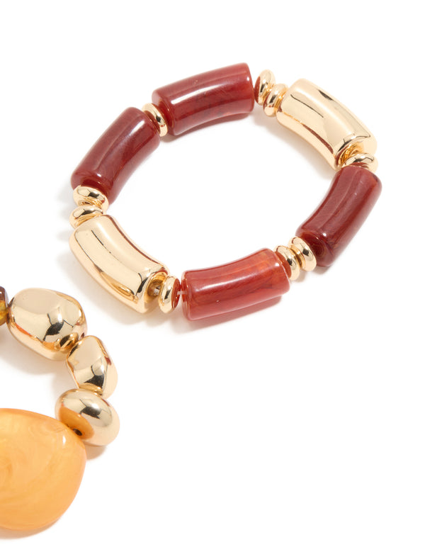 Red Acrylic & Gold Irregular Beaded Stretch Bracelets 2-Pack