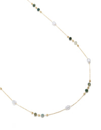 Introducing a gold plated waist chain with embellished pearl and bead accents in multicoloured tones front view - link has visual effect only