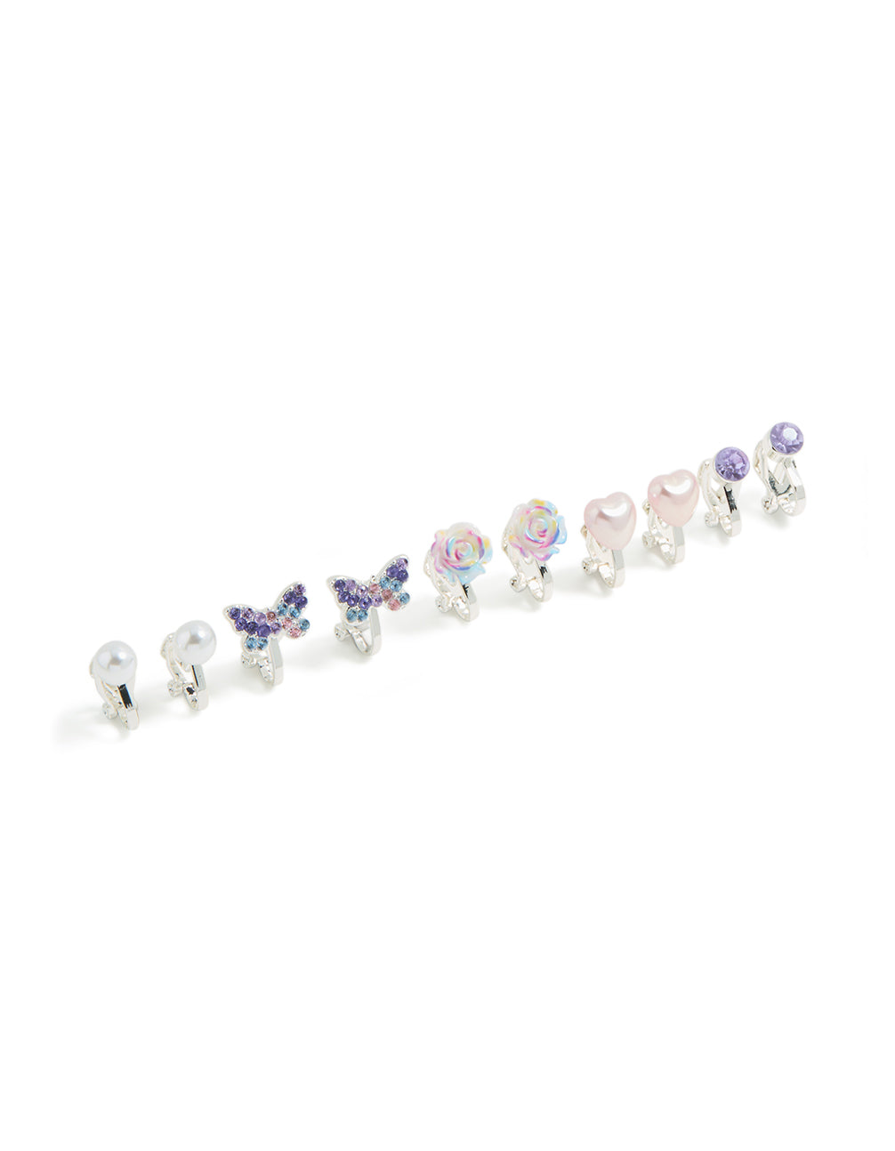 Showcasing kids clip-on earrings in a 5-pack featuring butterfly, floral, heart, and pearl designs with silver plated ombre finish in lavender, light pink, and white front view