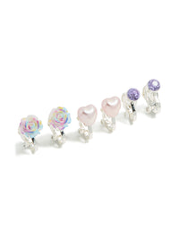 Designed with kids clip-on earrings in a 5-pack featuring butterfly, floral rose, heart, and pearl accents with silver plated ombre finish in lavender, light pink, and white post detail view - link has visual effect only