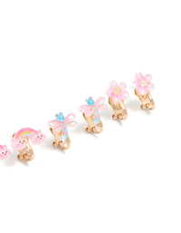 Highlighting kids gold garden clip on earrings 5-pack with celestial, butterfly, floral glitter designs featuring pink aqua yellow post detail view - link has visual effect only