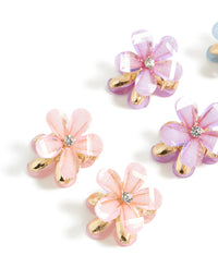 Kids gold pastel diamante flower claws 6-pack with glitter detailing in pink, light blue, and lavender detail view - link has visual effect only