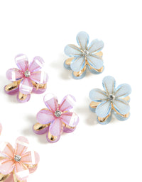 Featuring kids gold pastel diamante flower claws 6-pack with glitter in pink, light blue, and lavender side view - link has visual effect only