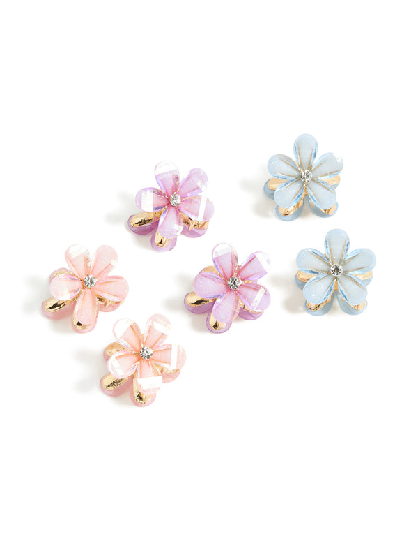 Showcasing kids gold pastel diamante flower claws 6-pack with glitter in pink, light blue, and lavender front view