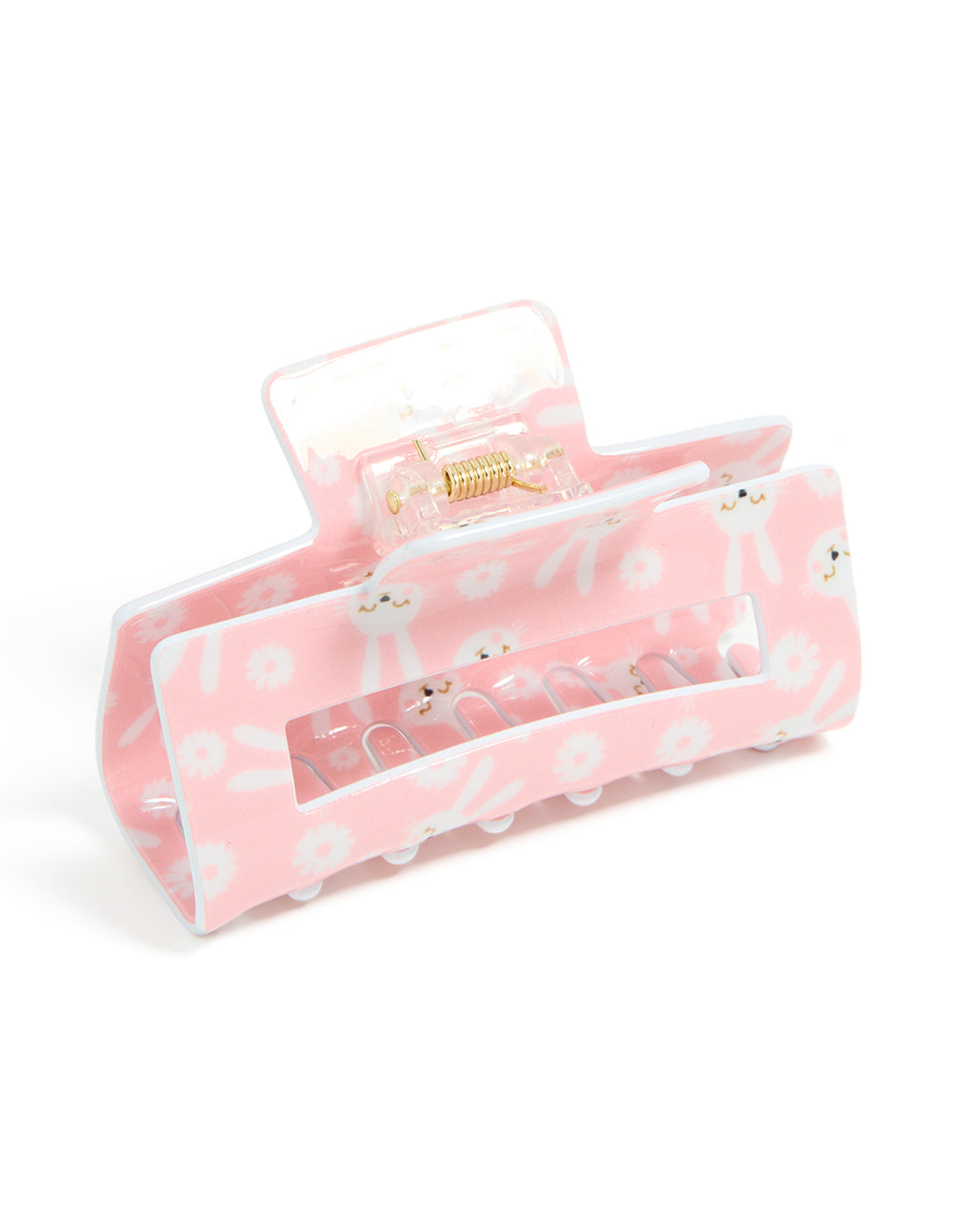 Charming kids pink acrylic bunny print claw clip with floral and animal design in white and gold side view