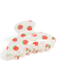 Showcasing kids acrylic strawberry fruit print hair claw clip in white, coral, lime green, and gold front view - link has visual effect only