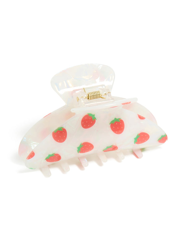 Featuring kids acrylic strawberry fruit print hair claw clip in white, coral, lime green, and gold side view