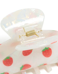 Crafted from acrylic, kids strawberry fruit print hair claw clip highlighting gold clasp mechanism in white, coral, and lime green detail view - link has visual effect only