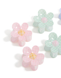 Shop kids gingham print claw clips 6-pack with glitter and floral design in light pink, light blue, mint cream, peach puff side view - link has visual effect only