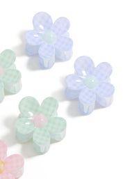 Explore kids gingham print claw clips 6-pack crafted with glitter and floral design in light pink, light blue, mint cream, peach puff detail view - link has visual effect only