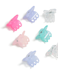 Featuring butterfly accents in light pink, lavender, aqua, and silver, this kids pastel claw clip 10-pack is shown in side view - link has visual effect only