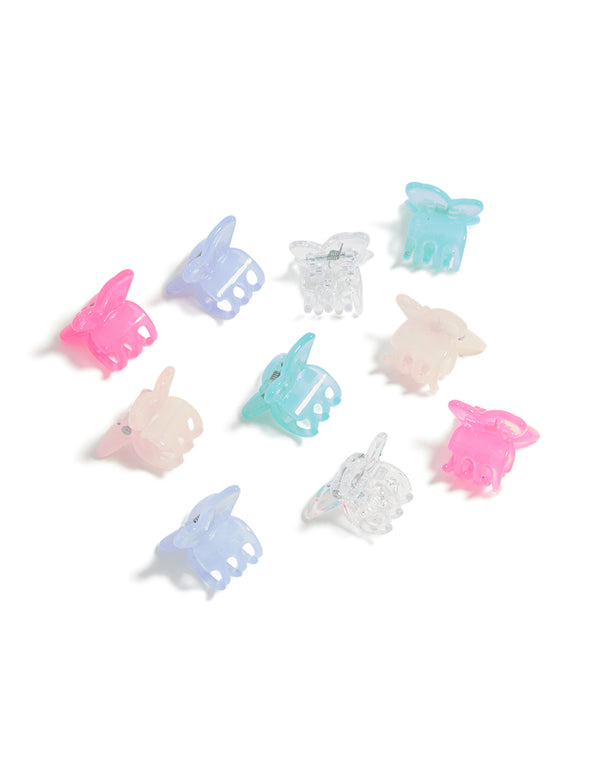 Designed with butterfly accents in light pink, lavender, aqua, and silver, this kids pastel claw clip 10-pack is shown in front view