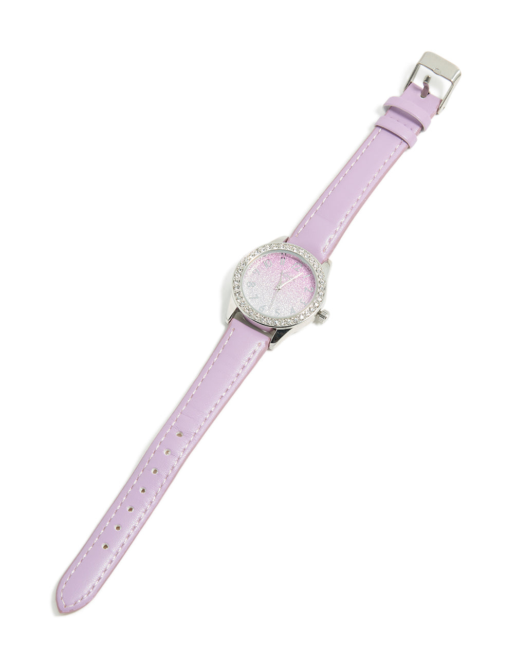 Explore a kids watch with glitter dial featuring round shape in casual style crafted from leather strap in pink color analog type front view