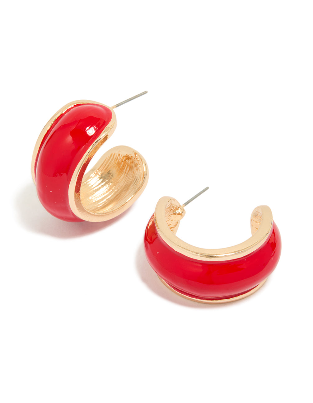 Showcasing mini chunky statement hoop earrings in red and gold front view