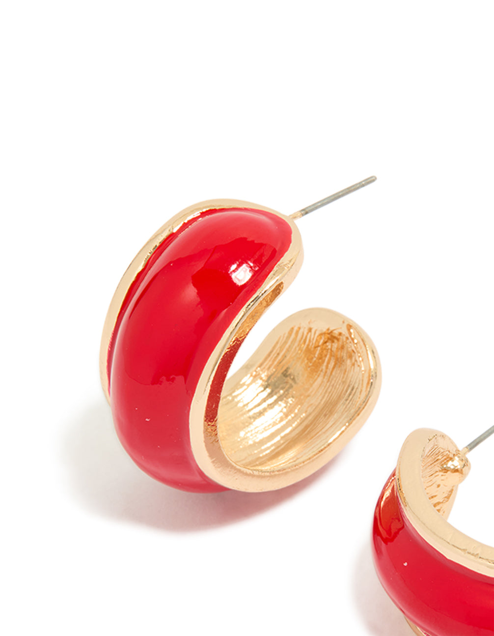 Crafted with mini chunky statement hoop earrings in red and gold close up view