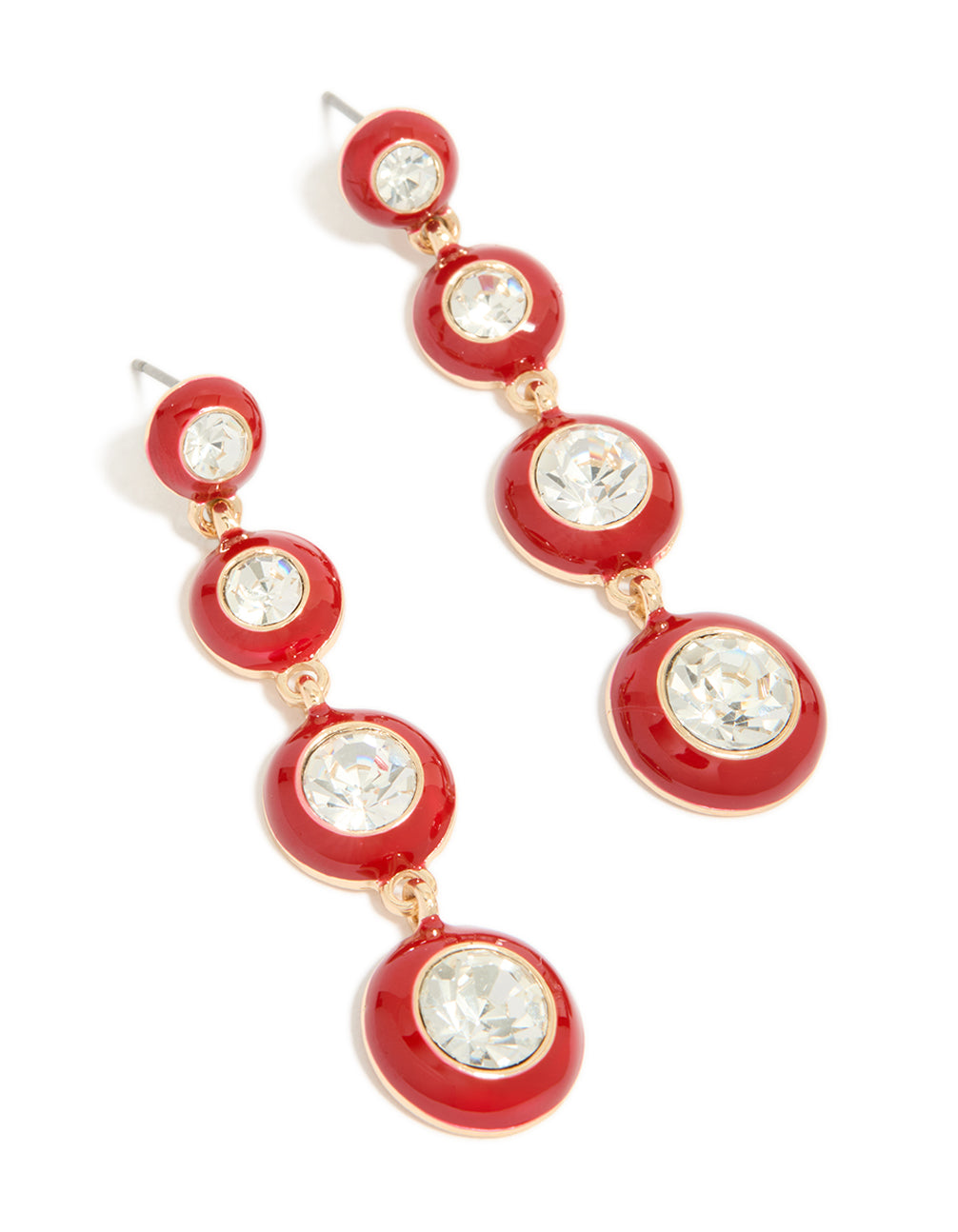 Showcasing statement drop earrings crafted from enamel in red and white with clear diamante accents set in a gold finish front view
