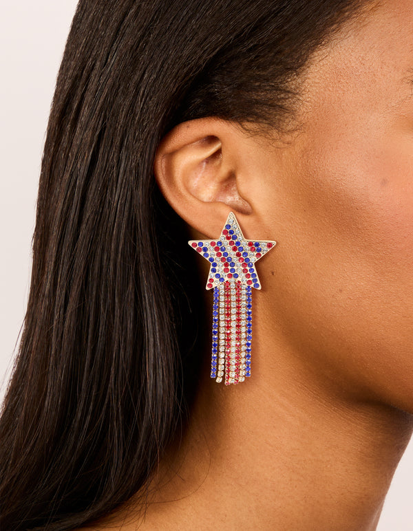 Gold Red Clear & Blue Diamante Cup Chain Star Drop Earrings