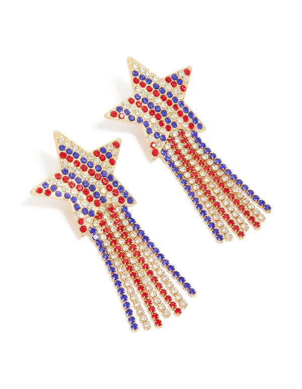 Gold Red Clear & Blue Diamante Cup Chain Star Drop Earrings