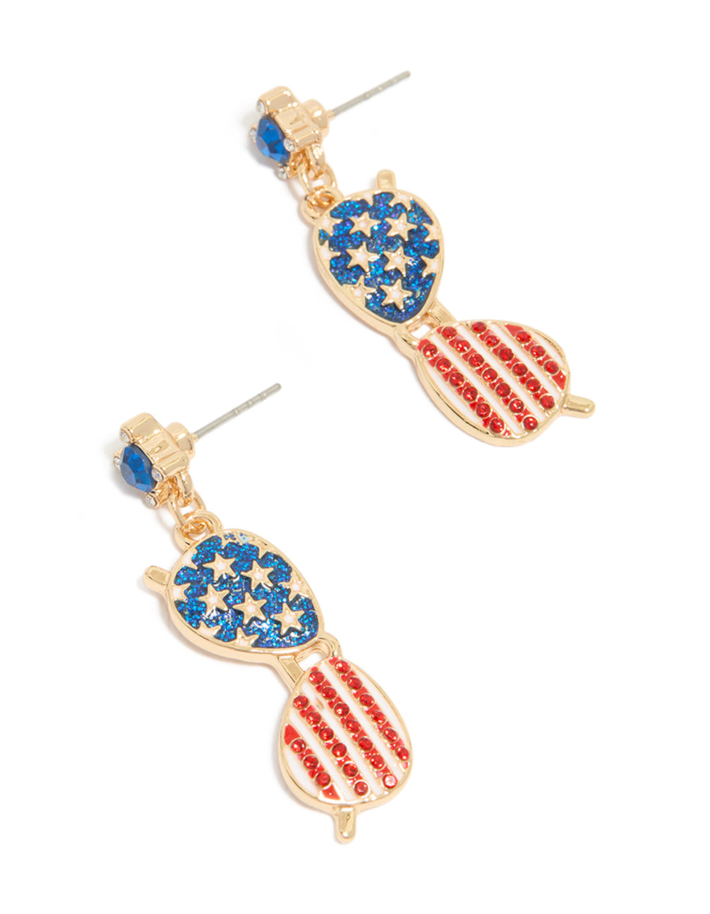 Showcasing Gold USA Sunglasses Drop Earrings featuring statement style with glitter elements in blue, red, and white front view