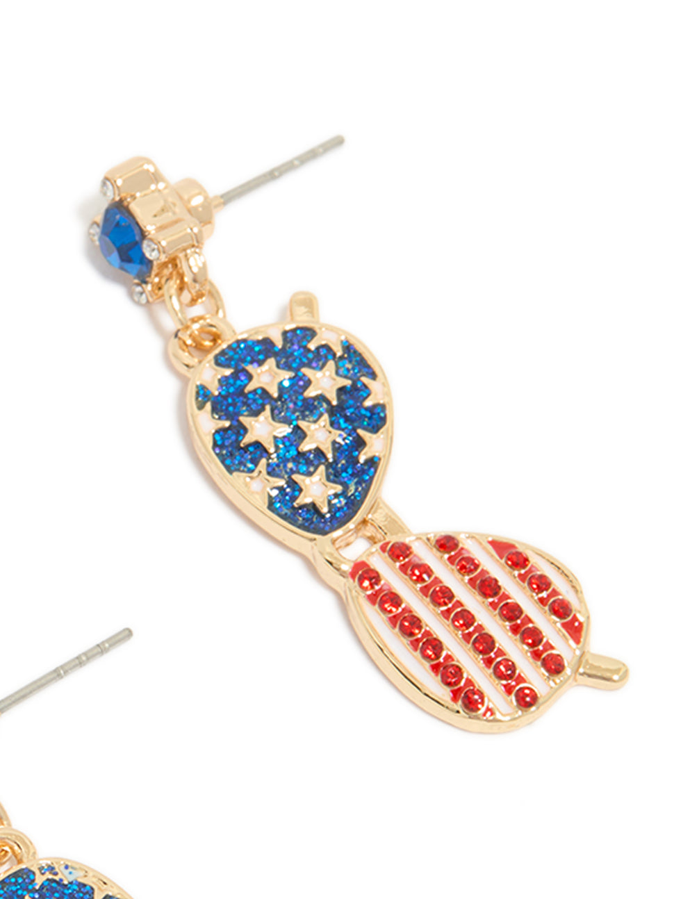 Crafted from gold with USA Sunglasses Drop Earrings in statement style featuring glitter details across blue, red, and white post detail view