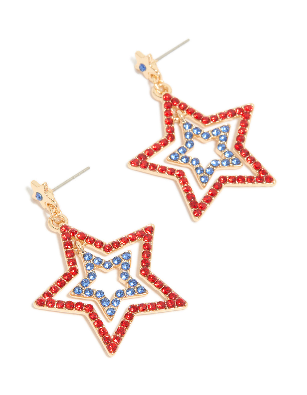 Showcasing statement drop earrings with triple star design featuring celestial motifs in red, royal blue, and gold front view
