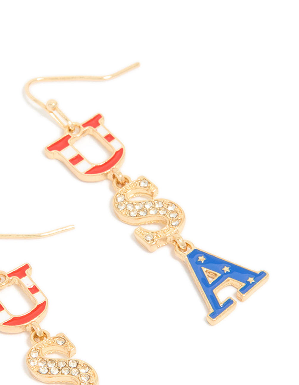 Highlighting gold USA drop earrings with initials featuring script accents in a statement style post detail view