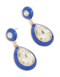 Gold Blue Enamel & Pear Clear Diamante Drop Earrings - link has visual effect only