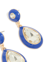 Gold Blue Enamel & Pear Clear Diamante Drop Earrings - link has visual effect only