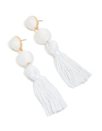 White Fabric Tassel Drop Earrings - link has visual effect only