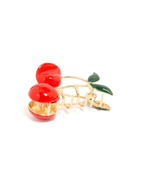Discover this cherry claw clip with fruit and leaf accents in solid gold front view - link has visual effect only