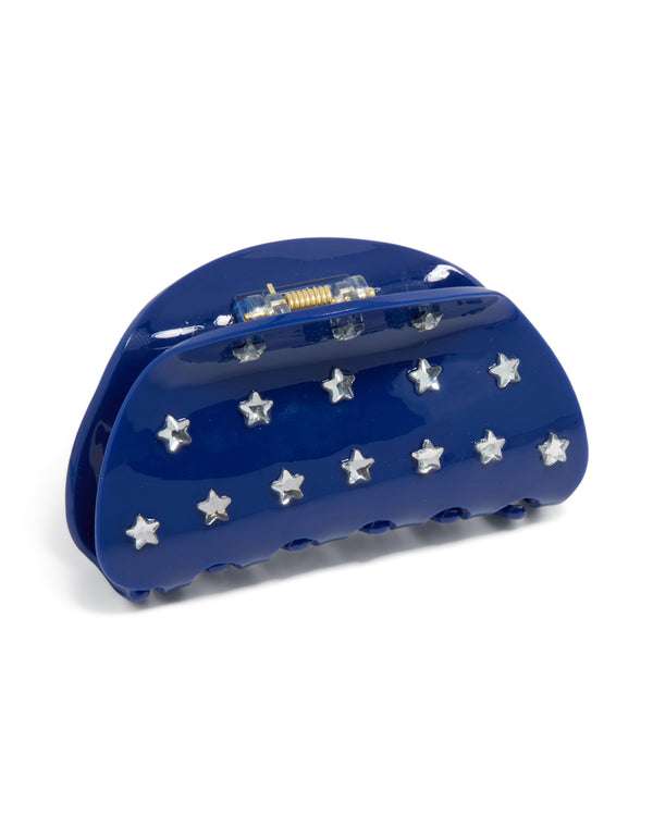 Discover a blue cutie star hair claw with celestial design in novelty print navy and silver side view