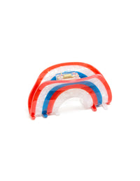 Showcasing a striped arch claw clip in red, coral, and blue side view - link has visual effect only