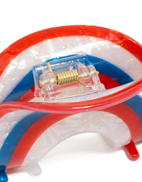 Crafted with a striped arch claw clip in red, coral, and blue detail view - link has visual effect only