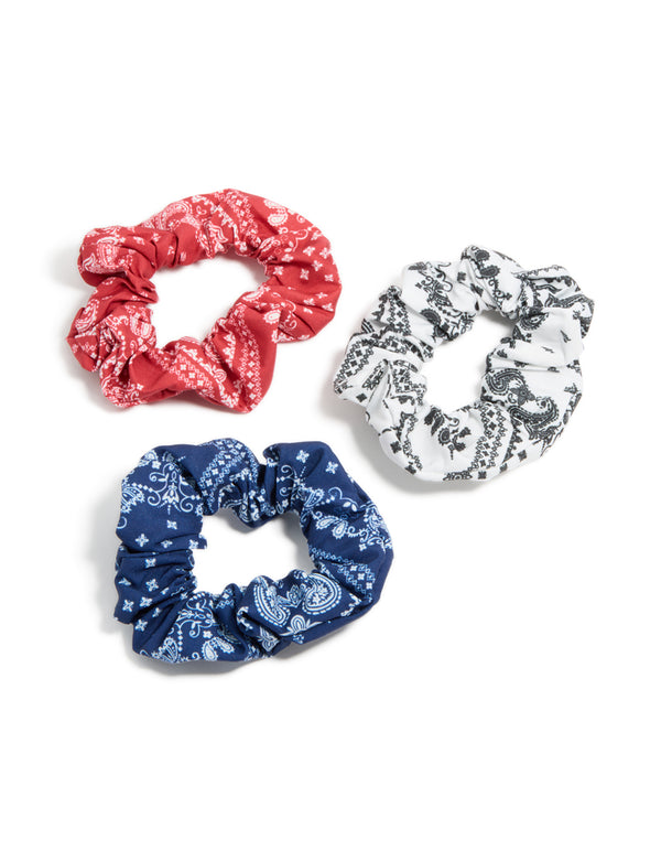 Discover paisley print fabric scrunchies in a 3-pack featuring navy, white, coral, and light sky blue front view