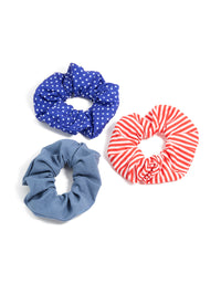 Showcasing celestial star and striped polyester scrunchies in a 3-pack with royal blue, cadet blue, red, and white front view - link has visual effect only