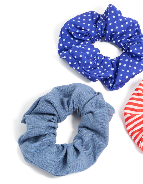 Featuring celestial star and striped polyester scrunchies in a 3-pack with royal blue, cadet blue, red, and white side view