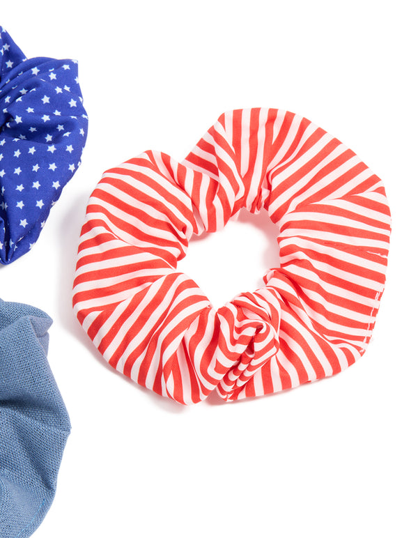 Designed with celestial star and striped polyester scrunchies in a 3-pack with royal blue, cadet blue, red, and white detail view