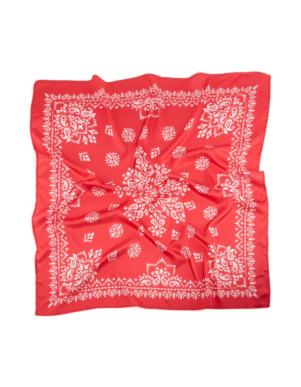 Elegant red paisley print fabric scarf features in white front view