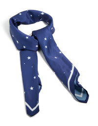 Elegantly styled celestial novelty print fabric scarf in navy and white featuring star motifs side view - link has visual effect only