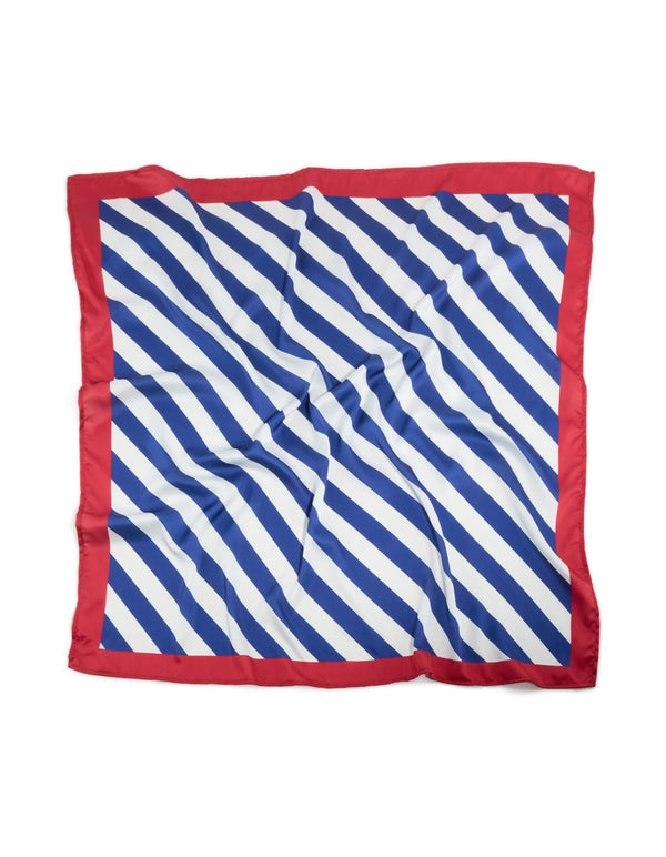 Featuring a striped fabric scarf in royal blue and white with red accents front view