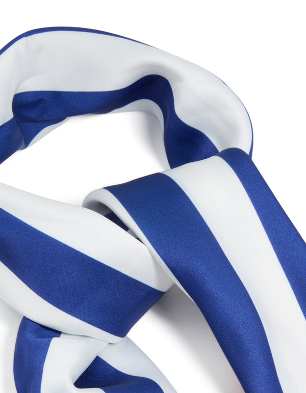 Crafted from striped fabric in royal blue and white with red accents detail view