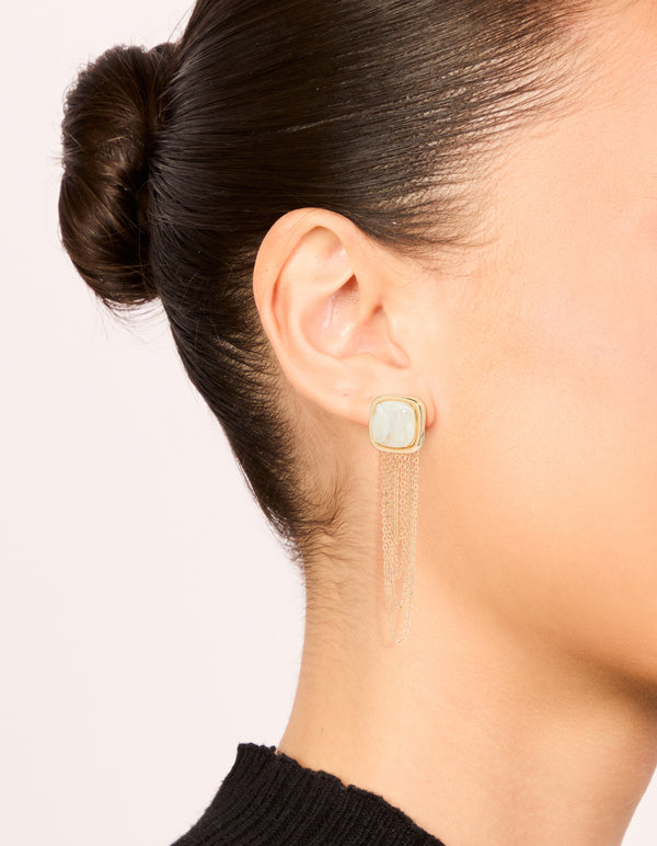 Gold White Stone & Layered Tassel Chain Drop Earrings