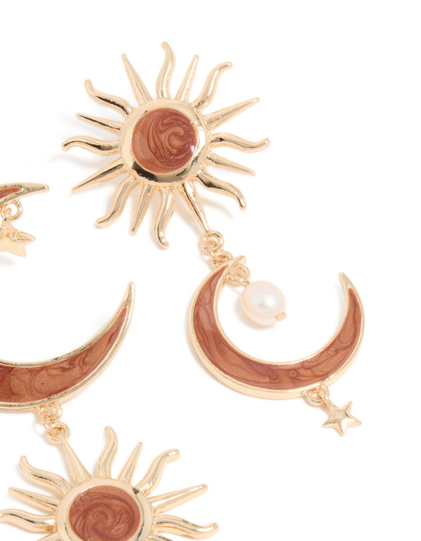 Highlighting gold celestial brown marble drop earrings featuring pearl, star and charms post detail view
