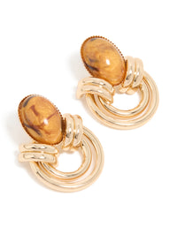 Showcasing gold brown stone and double lined stud earrings front view - link has visual effect only