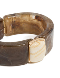 Discover the marbled texture of this chunky brown and white acrylic square wrist cuff in tan, beige, and gold close up view - link has visual effect only