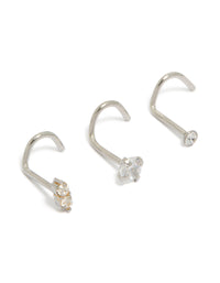 This surgical steel nose corkscrew studs 3-pack features cubic zirconia in silver and gold tones with crystal embellishments and stud closure front view - link has visual effect only