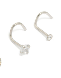 Showcasing surgical steel nose corkscrew studs 3-pack with cubic zirconia crystals in silver and gold tones featuring stud closure detail view - link has visual effect only
