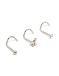 Showcasing butterfly corkscrew nose studs with balls crafted from surgical steel and cubic zirconia in silver 3-pack front view - link has visual effect only
