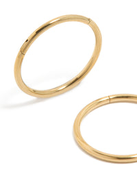 Featuring gold plated surgical steel thick sleeper earrings in 12 MM with hoop closure close up view - link has visual effect only