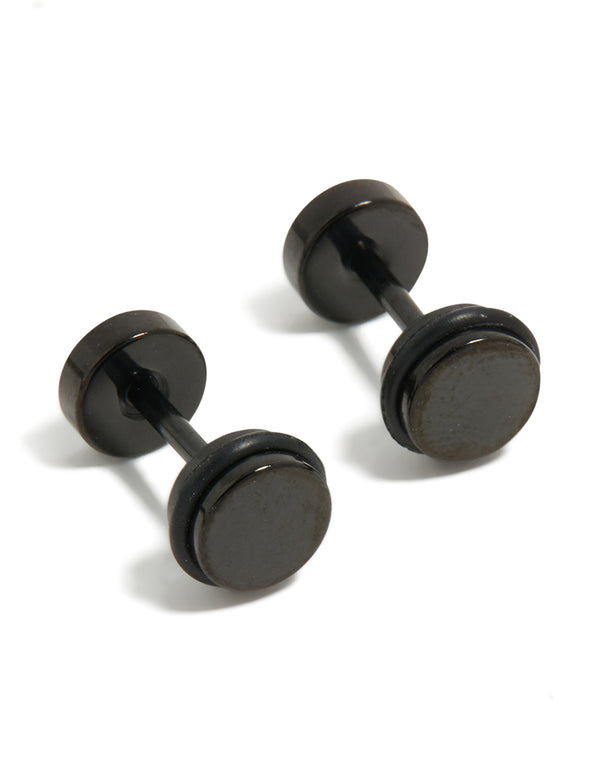 Showcasing black coated surgical steel disc flat back studs with sleek finish front view